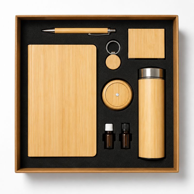 Bamboo corporate gift set with diary, pen, keychain, bottle and diffuser oils